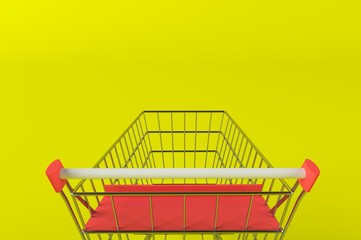 Empty metal shopping cart on yellow background with copy space. 3d rendering. Business concept