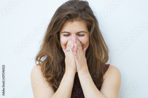 Embarrassed Girl Laughing And Covering Mouth With Hands Pretty Young