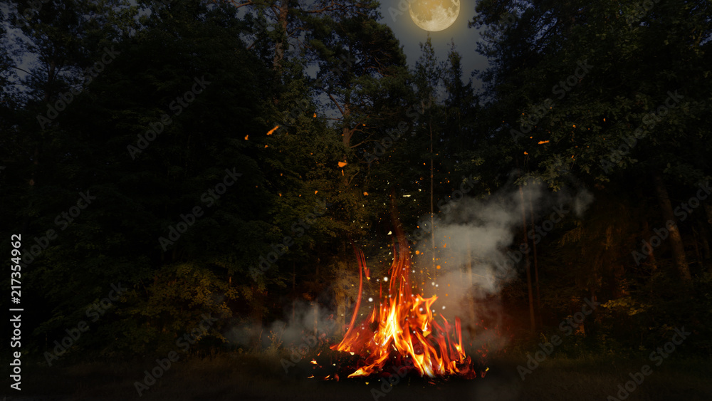 Night forest, a fire is burning, a big moon. Moon map element furnished by NASA - obrazy, fototapety, plakaty 