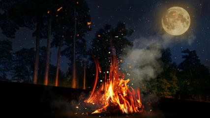 Night forest, a fire is burning, a big moon. Moon map element furnished by NASA