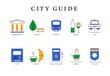 © Yelyzaveta - Colored city guide icons. Line icons set with flat design elements of city cafe, parks, monuments, subway, atm, shopping, bars and gas station. Vector logo pictogram collection concept of city badges