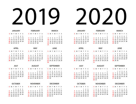 Calendar 2019 2020 - illustration. Week starts on Sunday