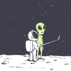 Wall Mural - astronaut photographs himself and alien.space friends.vector illustration