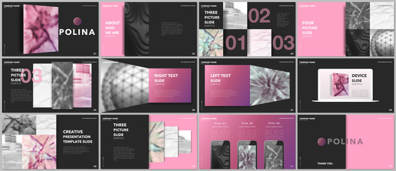 Wall Mural - Minimal presentations design, portfolio vector templates with elements on black background. Multipurpose template for presentation slide, flyer leaflet, brochure cover, report, marketing, advertising.