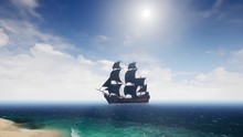 Beautiful Pirate Ship In The Sea. 3D Rendering.