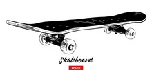 Vector Engraved Style Illustration For Posters, Decoration And Print. Hand Drawn Sketch Of Skateboard In Black Isolated On White Background. Detailed Vintage Etching Style Drawing.