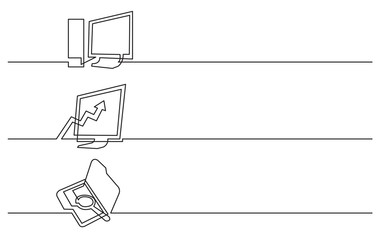 Poster - banner design - continuous line drawing of business icons: desktop computer, diagram, search folder