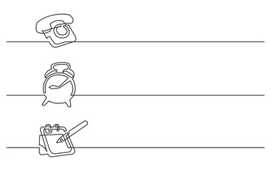 Wall Mural - banner design - continuous line drawing of business icons: telephone, alarm clock, calendar
