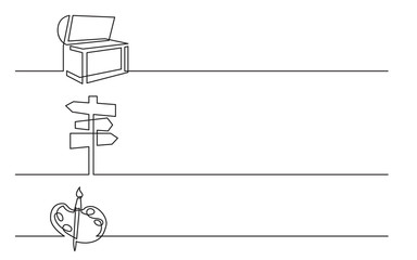 banner design - continuous line drawing of business icons: treasure chest, direction sign, artist palette