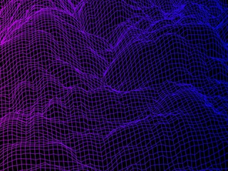 Poster - Digital landscape with mountains or clouds made of line grid