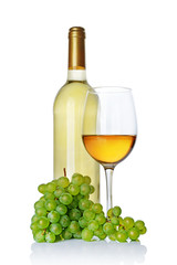 Canvas Print - White wine bottle with glass for tasting and fresh grape