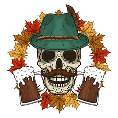 Wall Mural - Skull in Tyrolean hat,with autumn leaves and glasses of beer. Illustration for octoberfest or bar design.