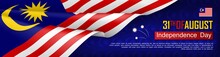 Malaysian Independence Day Horizontal Web Banner. Patriotic Background With Realistic Waving Malaysian Flag. National Traditional Holiday Vector Illustration. Malaysia Republic Day Celebrating