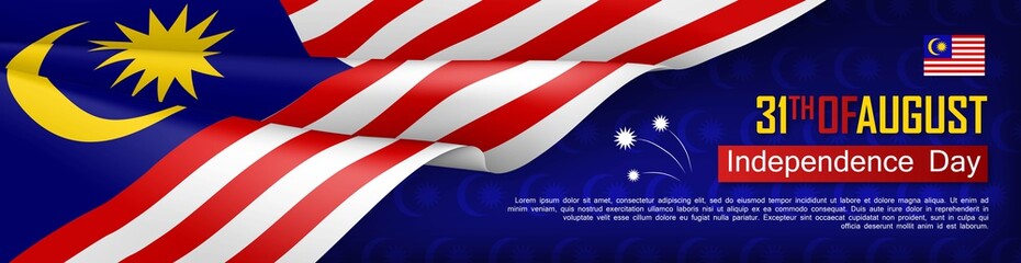 Canvas Print - Malaysian Independence day horizontal web banner. Patriotic background with realistic waving malaysian flag. National traditional holiday vector illustration. Malaysia republic day celebrating