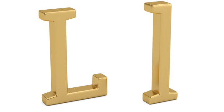 Gold metal l alphabet isolated on white background 3D illustration.