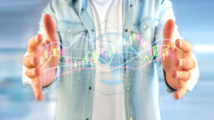 Poster - businessman holding a 3d render stock exchange trading data information display on a futuristic inte