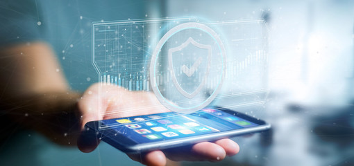 Poster - man holding a shield web security concept 3d rendering