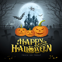 Happy Halloween Gold Message, Pumpkin Bat, Witch, Castle, Design Background, Vector Illustrations
