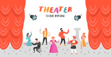 Theater Actor Characters Set. Flat People Theatrical Stage Poster. Artistic Perfomances Man And Woman. Vector Illustration