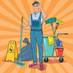 Pop Art Cleaner in Uniform with Mop. Cleaning Service Staff with Equipment. Vector illustration