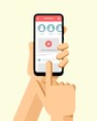 © Vladimir D - Hand holds the smartphone with social network application on the screen. Flat vector modern phone mock-up illustration