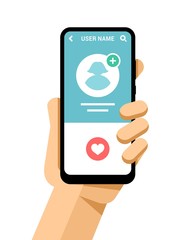 Wall Mural - Hand holds the smartphone mockup with girl`s photo and like button. Flat vector modern phone mock-up illustration