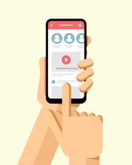 Wall Mural - Hand holds the smartphone with social network application on the screen. Flat vector modern phone mock-up illustration