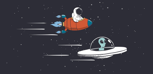 Wall Mural - alien and astronaut are engaged in races in outer space.vector illustration