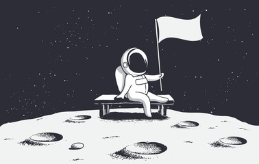 Wall Mural - astronaut, sitting on a bench on the moon, holds a flag.space vector illustration