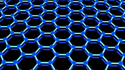 Illustration of graphene molecule, luminous atoms. The crystal lattice of graphene, the molecular form of carbon on a black background. 3D rendering. the material of the future