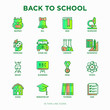 Back to school thin line icons set: backpack, bell, book, microscope, knowledge, owl, graduation cap, bus, chemistry, mathematics, biology, blackboard, physics, exam. Modern vector illustration.