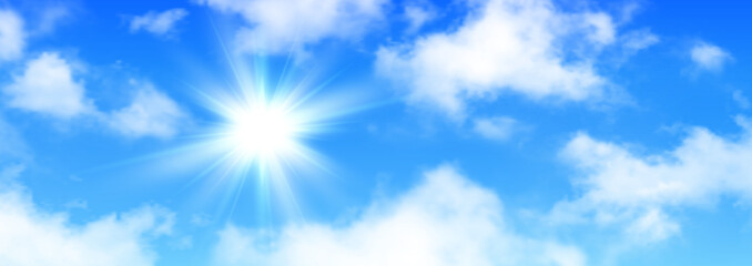 Wall Mural - sunny background, blue sky with white clouds and sun
