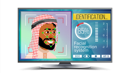 Poster - face recognition, identification system vector. face recognition technology. arab face on screen. hu