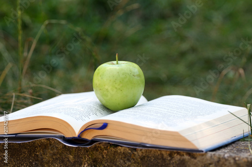 Fresh Green Apple On An Open Book Outdoor In The Grass Time - 