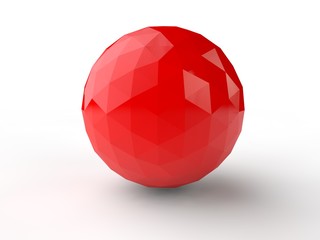 Poster - red polygonal sphere with triangular elements - polygons reflect light. Abstraction on a white background. 3D rendering