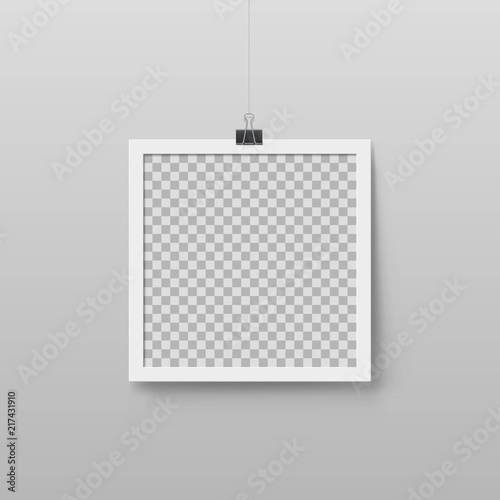 Realistic Blank Photo Frame Hanging On Binder Clip Layout For Art