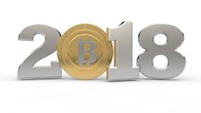 Image 2018, The Year Of The Cryptocurrency, The Bitcoin Era. The Date 2018 Zero Replaced By Bitcoin. The Idea Of Development Of Crypto-currencies, International Money. 3D Rendering On White Background