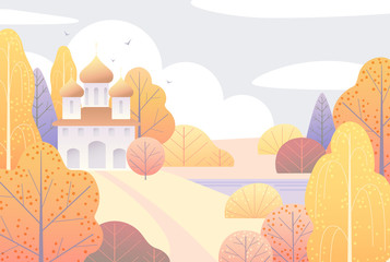 Wall Mural - Autumn Scene with Church and Yellow  Trees