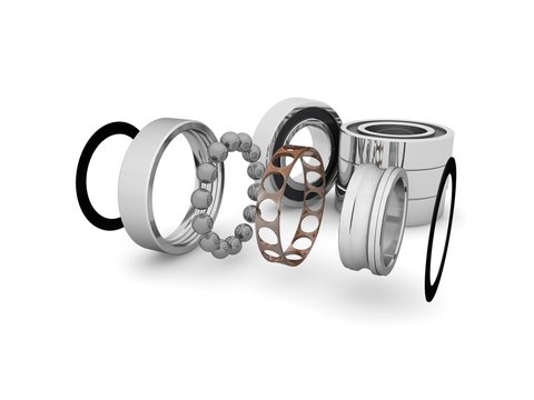 Image single row ball bearing on white background, close-up, three collected. The bearing is disassembled into elements. A graphic illustration of the bearing device. 3D rendering on white background