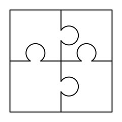 4 white puzzles pieces arranged in a square. Jigsaw Puzzle template ready for print. Cutting guidelines on white