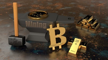 Wall Mural - the anvil and hammer on the metal background and lots of gold ingots, coins, cryptocurrency bitcoin symbol. The idea of mining the Internet of money. A symbol of stability and prosperity. 3d rendering