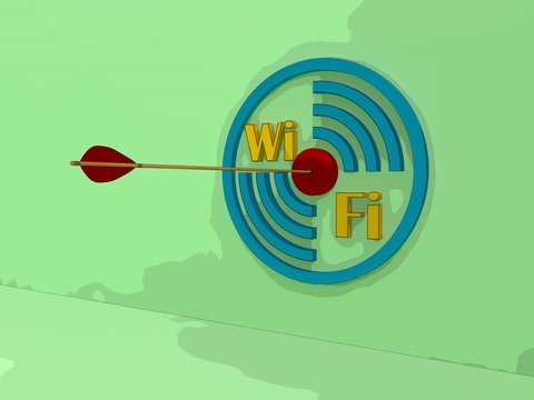 the image of the target mark Wi Fi and text indicating Wai Wai zone, and the dart hit the target. In the style of vector graphics The idea of a productive and comfortable work and success 3D rendering