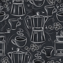 Grunge Blackboard With Seamless Patterns Of Coffee Set.Ideal For Printing Onto Fabric And Paper Or Scrap Booking.