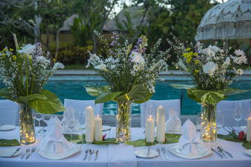 Wedding table decor. Beautiful Festive table set up for wedding or party