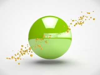 Poster - The image of the green sphere in the center of the array floating in weightlessness small gold beads. Abstraction, the idea of harmony and order, chaos and freedom. 3D rendering.