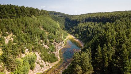Wall Mural - aerial drone view of a shallow lake inside a small canyon surrounded by green forest and cliffs (tir