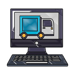 Sticker - computer food delivery truck online vector illustration