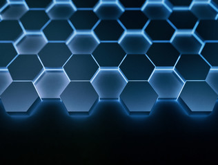 Poster - Blue Hexagon 3d pattern glowing in the dark