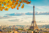 Fototapeta  - famous Eiffel Tower landmark and Paris old roofs at fall day, Paris France, toned