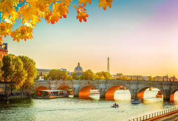 Poster - bridge Pont Neuf and Seine river at sunny autumn sunset, Paris, France, toned